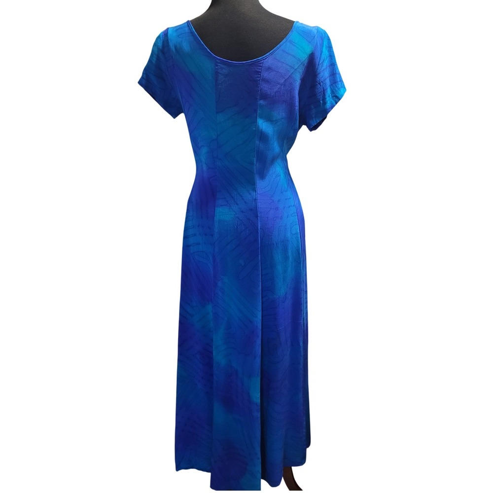 Vintage 90s 100% Silk Abstract Blue‎ Watercolor Maxi Dress S Resort SEE PHOTOS - Picture 2 of 8